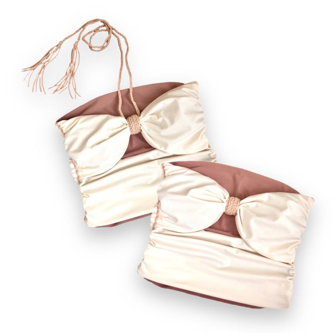 TWO PIECE SET bow tie tube top and pencil mini skirt • cream and rose