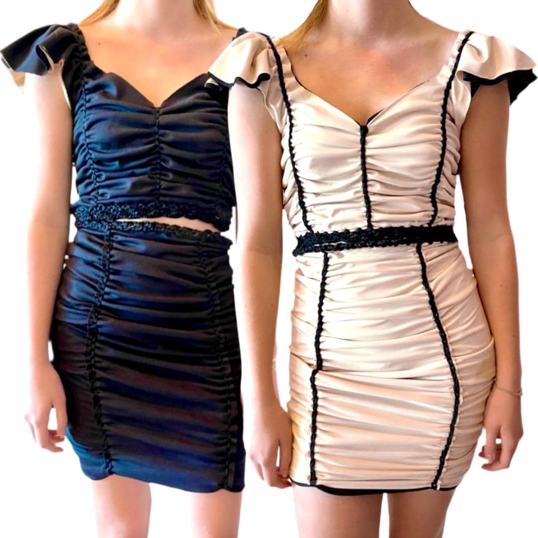 TWO PIECE SET flutter sleeve top and matching mini skirt • black and cream