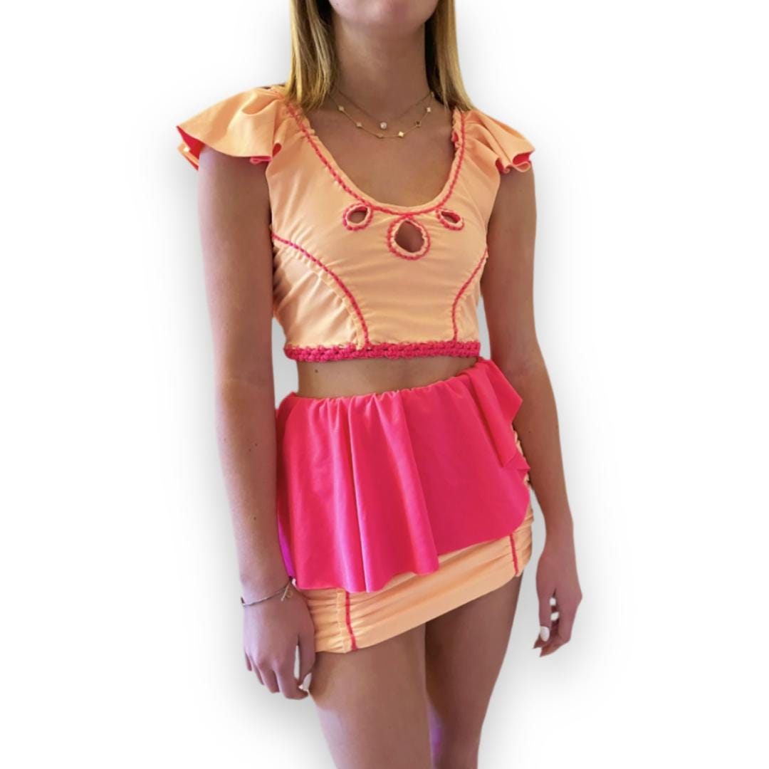 TWO PIECE SET rodeo flutter sleeve top and matching mini peplum skirt • coral and bright peach