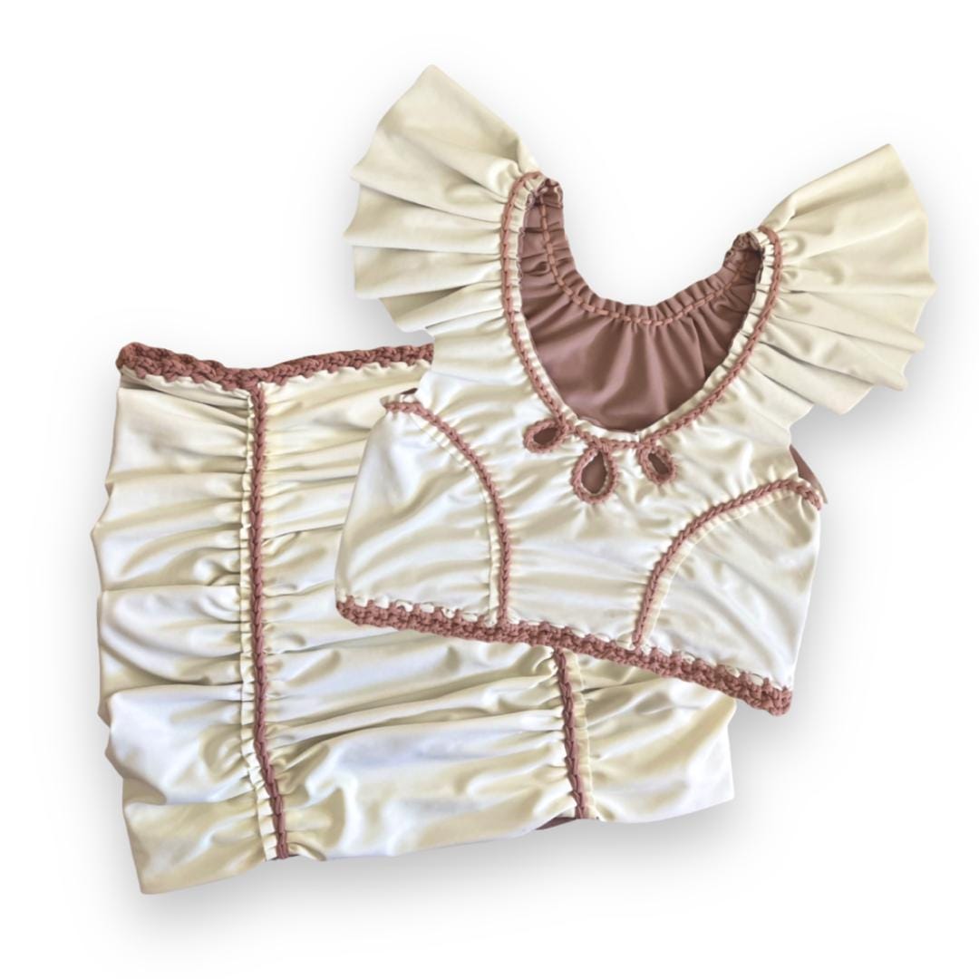 TWO PIECE SET rodeo flutter sleeve top and pencil mini skirt • cream and rose