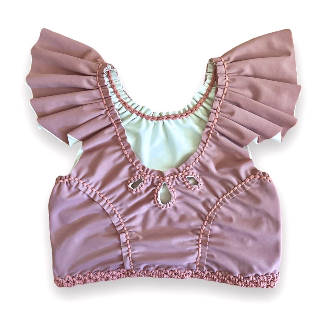 TWO PIECE SET rodeo flutter sleeve top and matching mini peplum skirt • cream and rose with blush cord