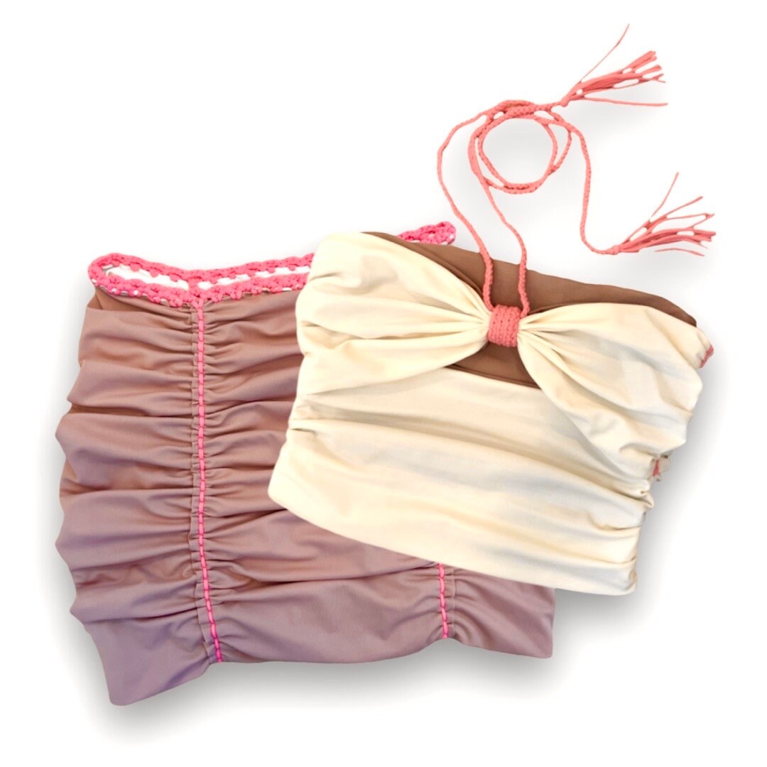 BOW TIE TUBE TOP • cream and rose with coral cord