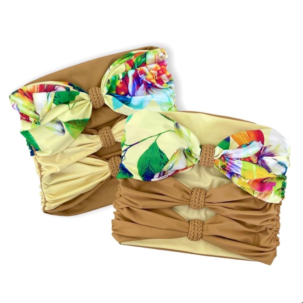 TWO PIECE SET 3 bow tube top and matching mini skirt • light yellow and leather with floral print