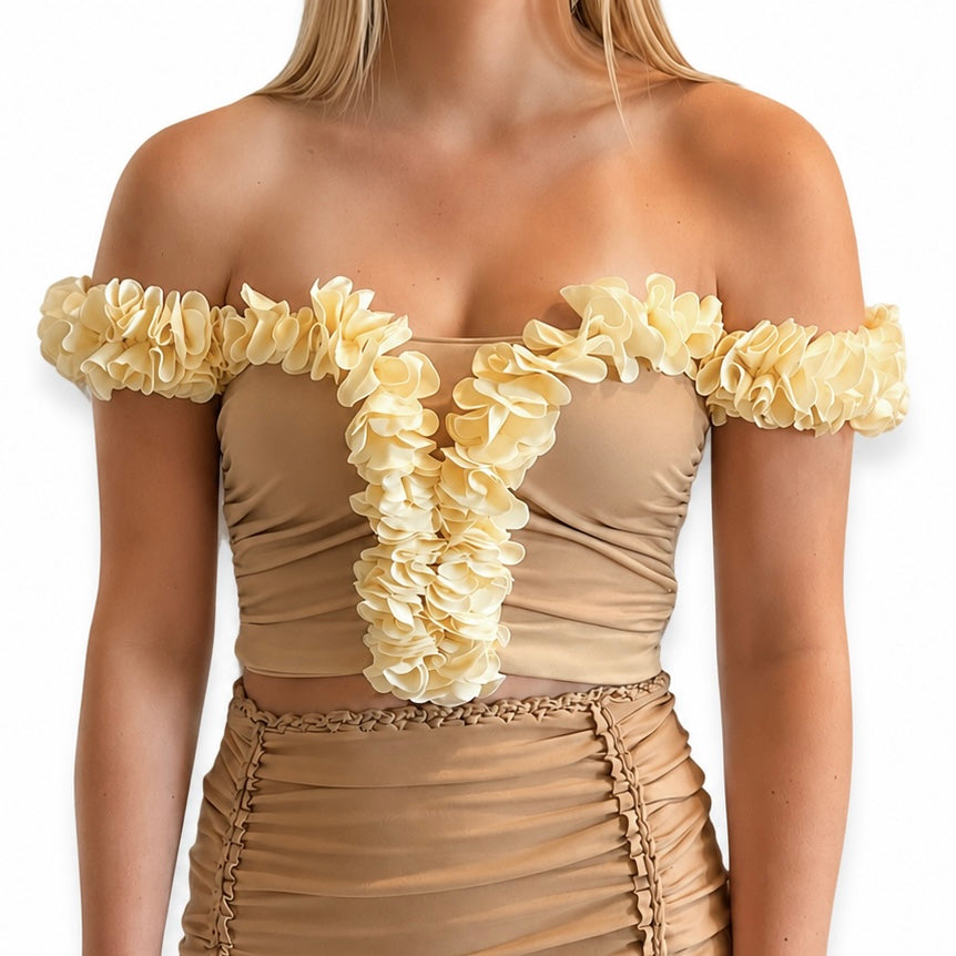 Handmade magnolia cream off-the-shoulder flower lei top