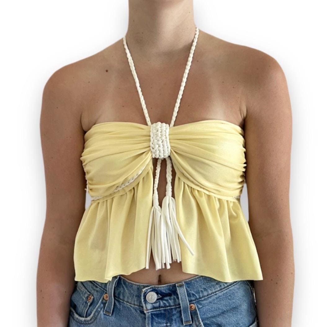 SPLIT RUFFLE BOW TOP • light yellow and white