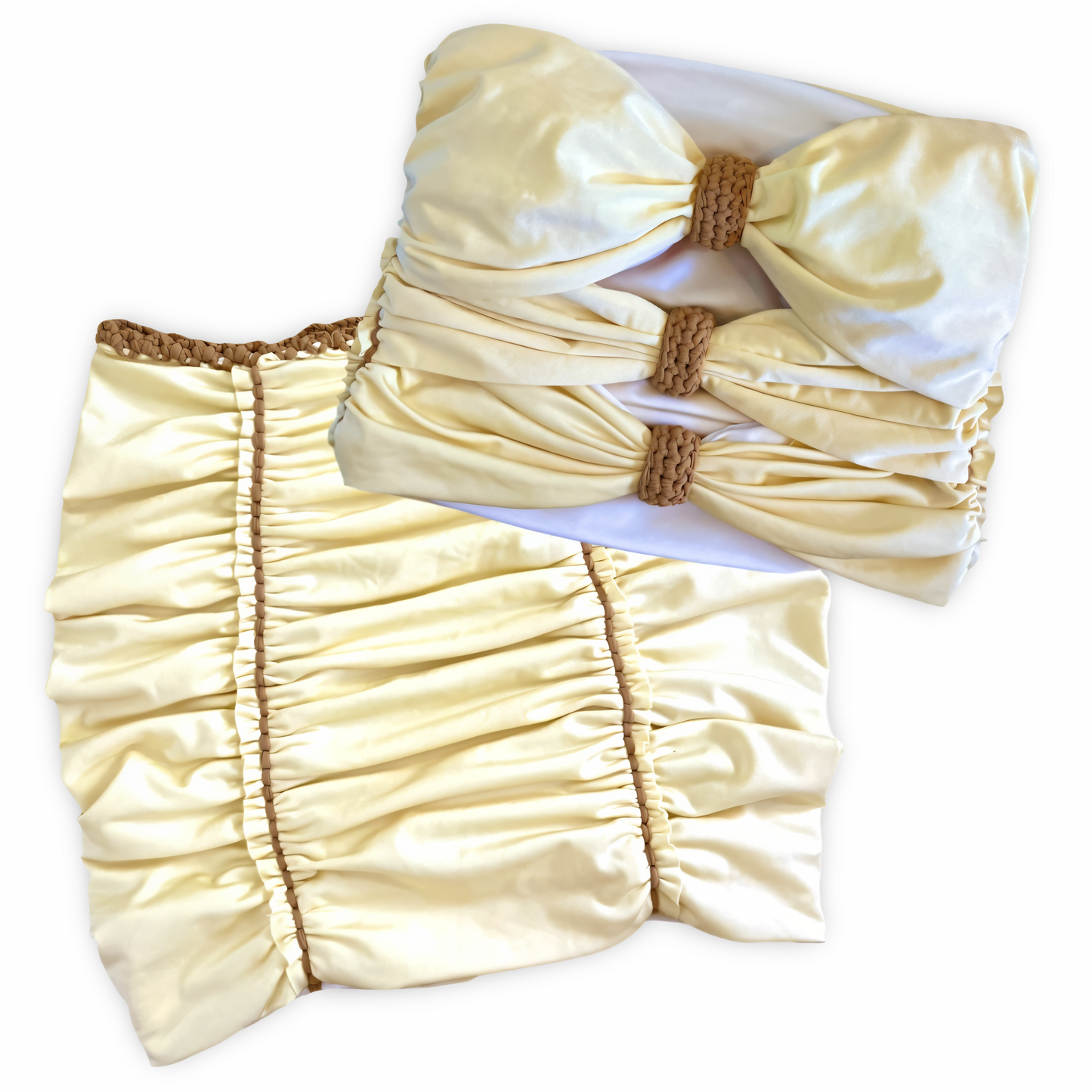 TWO PIECE SET 3 bow tube top and pencil mini skirt • yellow and cream with leather cord