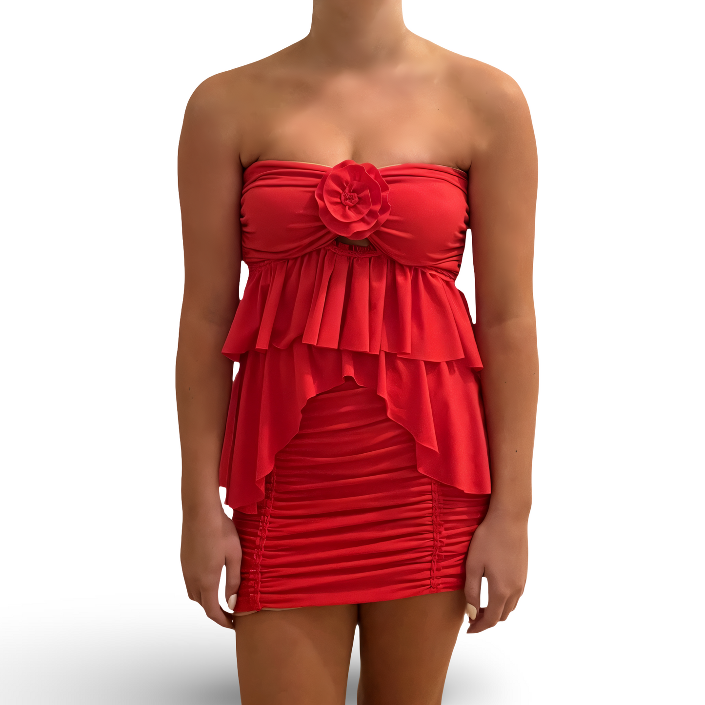 TWO PIECE SET ruffle rose top and peplum mini skirt • red and blush