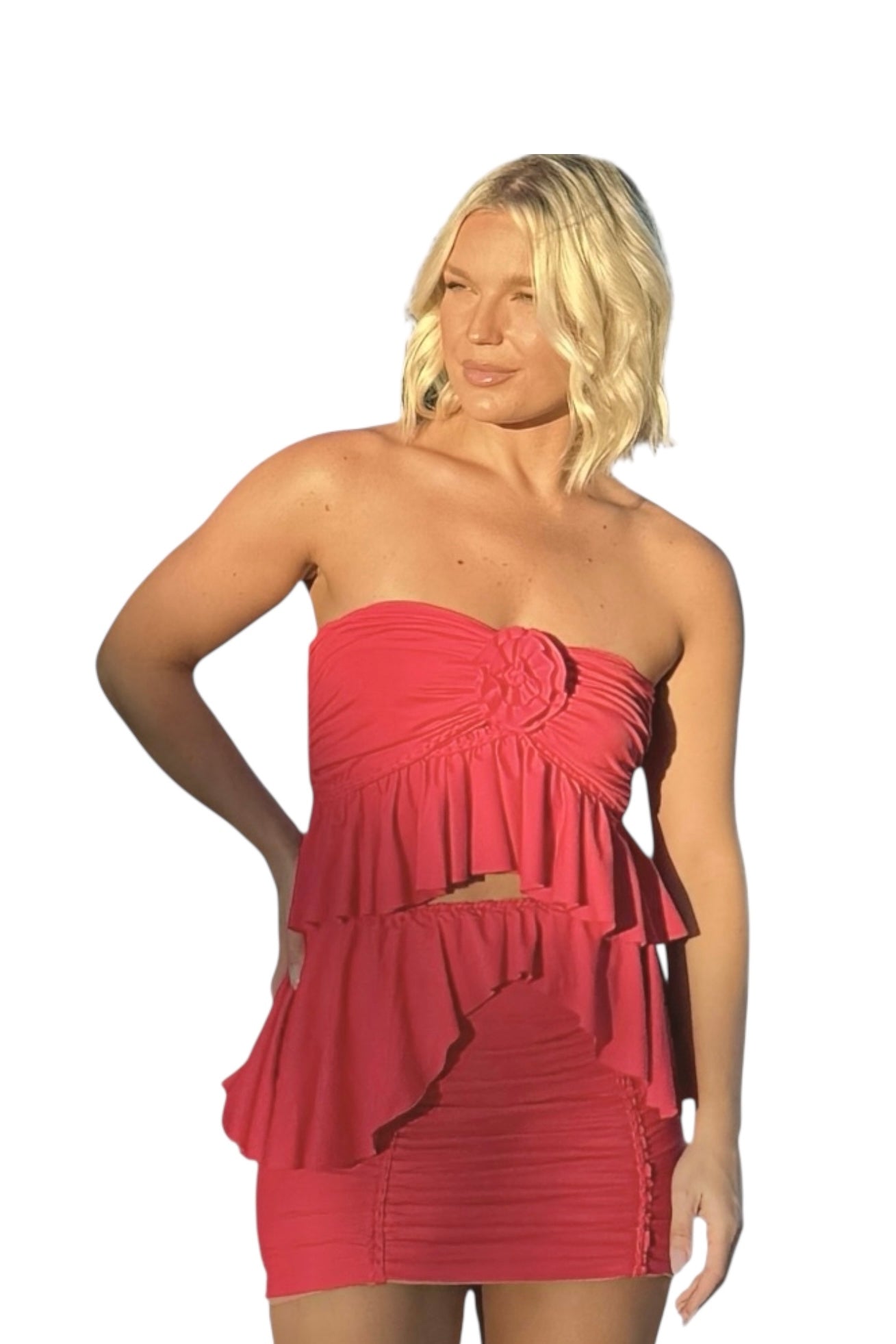 TWO PIECE SET ruffle rose top and peplum mini skirt • red and blush