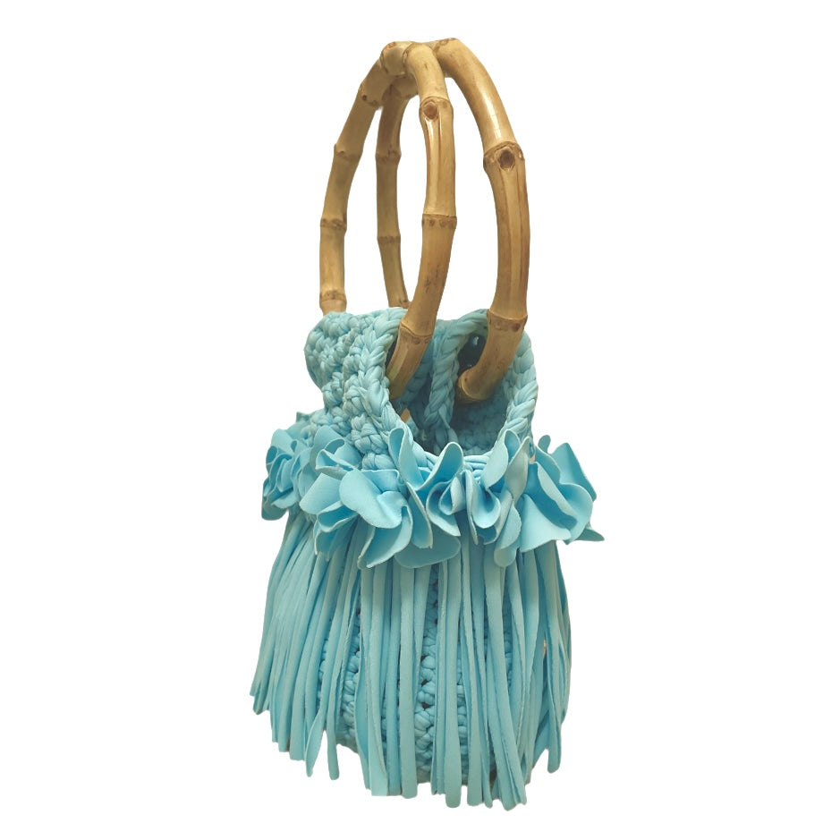 CROCHETED MINI FLOWER FRINGE WRISTLET WITH BAMBOO HANDLES • aqua