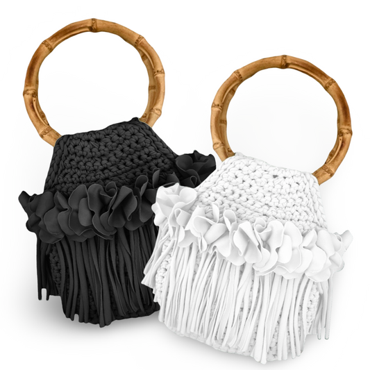 CROCHETED MINI FLOWER FRINGE WRISTLET WITH BAMBOO HANDLES • black or white