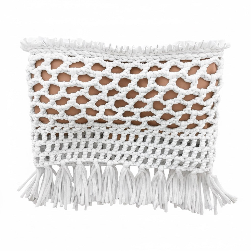 CROCHETED BANDEAU TASSEL TUBE TOP • white