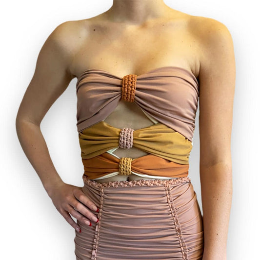 3 BOW TUBE TOP • cream copper rose gold leather