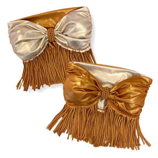 REVERSIBLE CROCHETED FRINGE BOW TOP • metallic copper and white gold