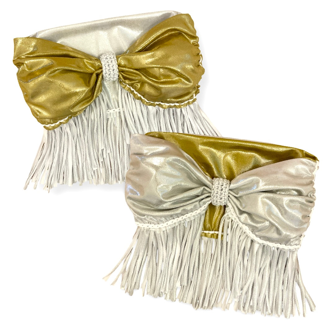 REVERSIBLE CROCHETED FRINGE BOW TOP • metallic silver and gold