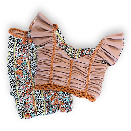TWO PIECE SET flutter sleeve top and pencil mini skirt • rose and animal print