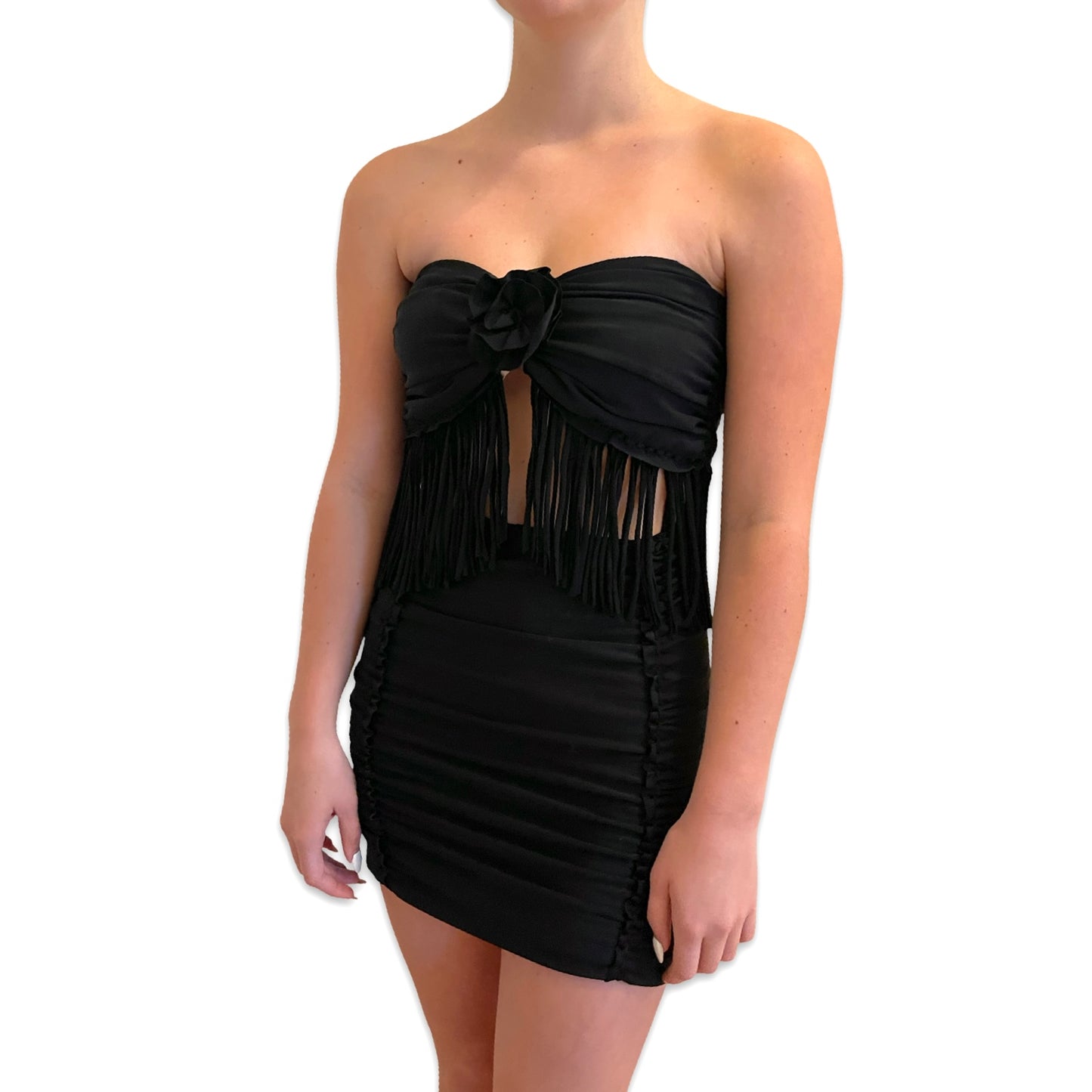 REVERSIBLE CROCHETED FRINGE ROSE TOP • black and clay