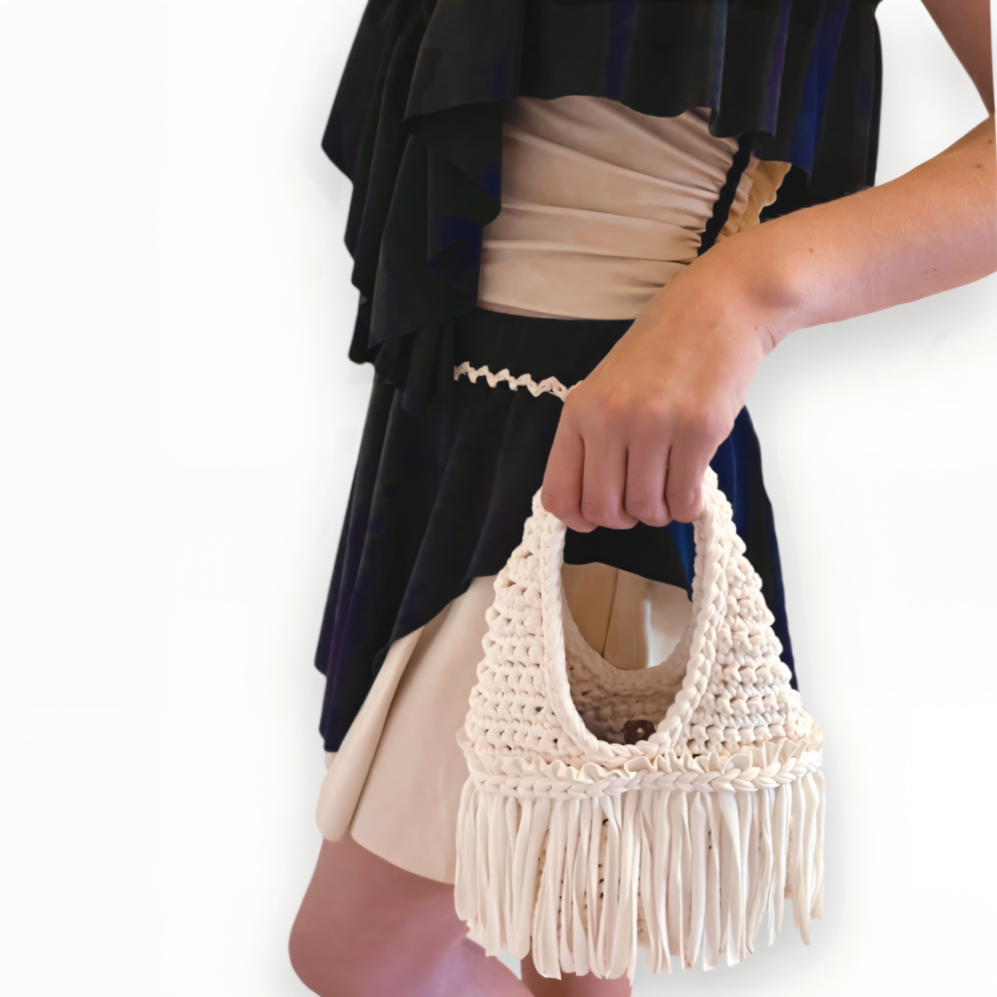 CROCHETED MINI FLOWER FRINGE WRISTLET • cream and copper