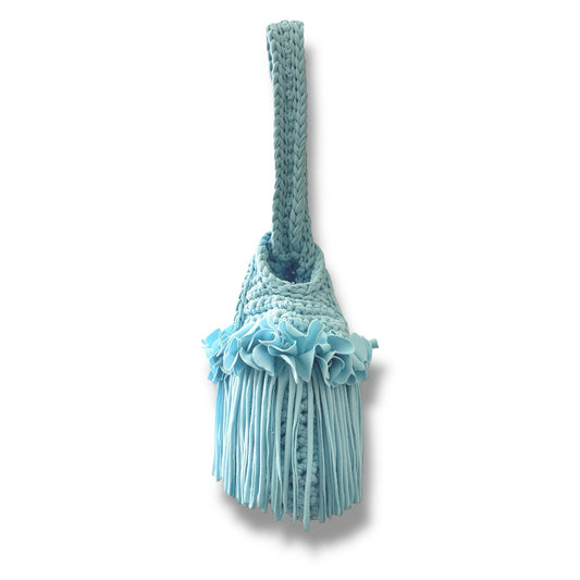 CROCHETED MINI FLOWER FRINGE KNOT WRISTLET • aqua