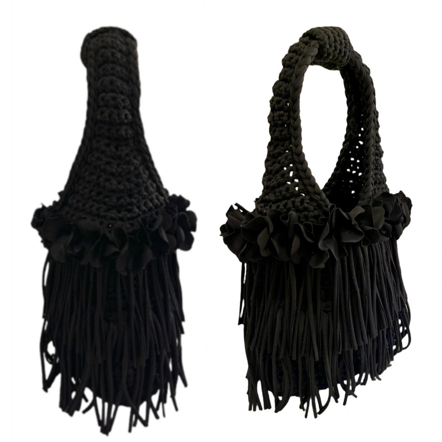 CROCHETED DOUBLE FRINGE FLOWER TOTE • black
