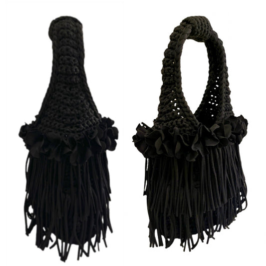 CROCHETED DOUBLE FRINGE FLOWER TOTE • black