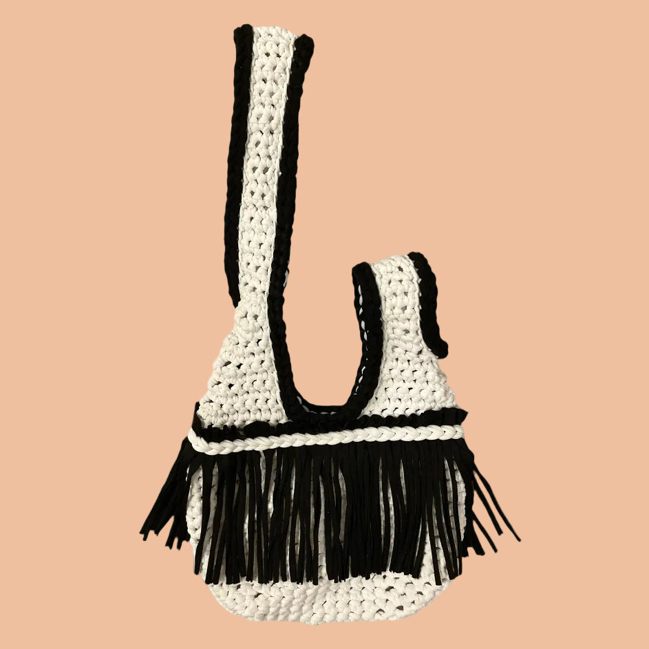 CROCHETED MINI FRINGE KNOT WRISTLET • black and white