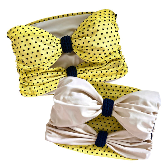REVERSIBLE CROCHETED 2 BOW TUBE TOP • black and yellow polka dot