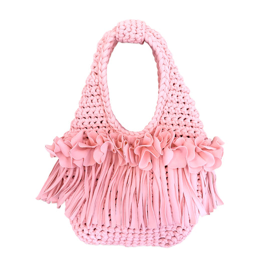 CROCHETED MINI FLOWER FRINGE WRISTLET • light pink
