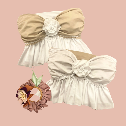 REVERSIBLE CROCHETED RUFFLE ROSE TUBE TOP • white and clay