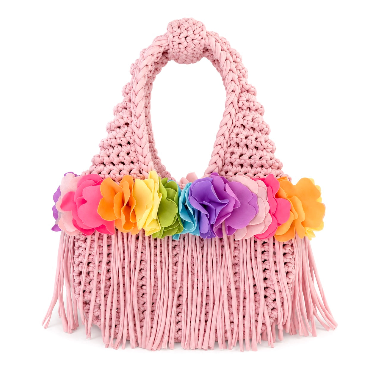 Handmade petal light pink crochet mini bag with rainbow color flowers and fringe. 