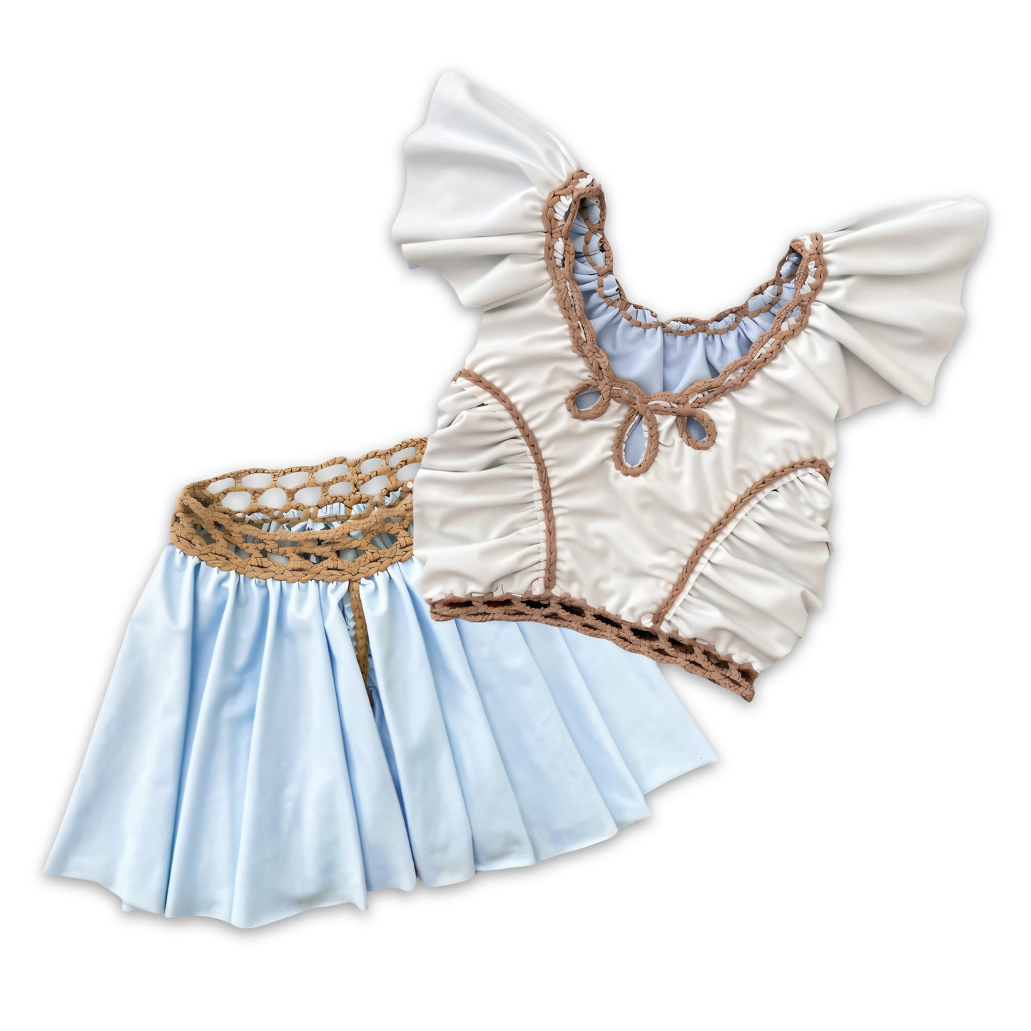 TWO PIECE SET rodeo flutter sleeve top and mini shorts • white and sky