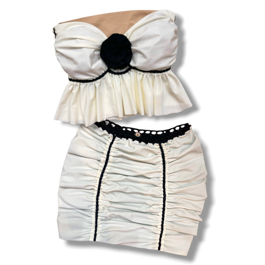 TWO PIECE SET ruffle rose top and pencil mini skirt • cream and black