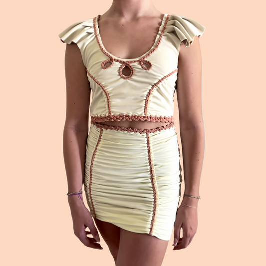 TWO PIECE SET rodeo flutter sleeve top and pencil mini skirt • cream and rose with blush cord