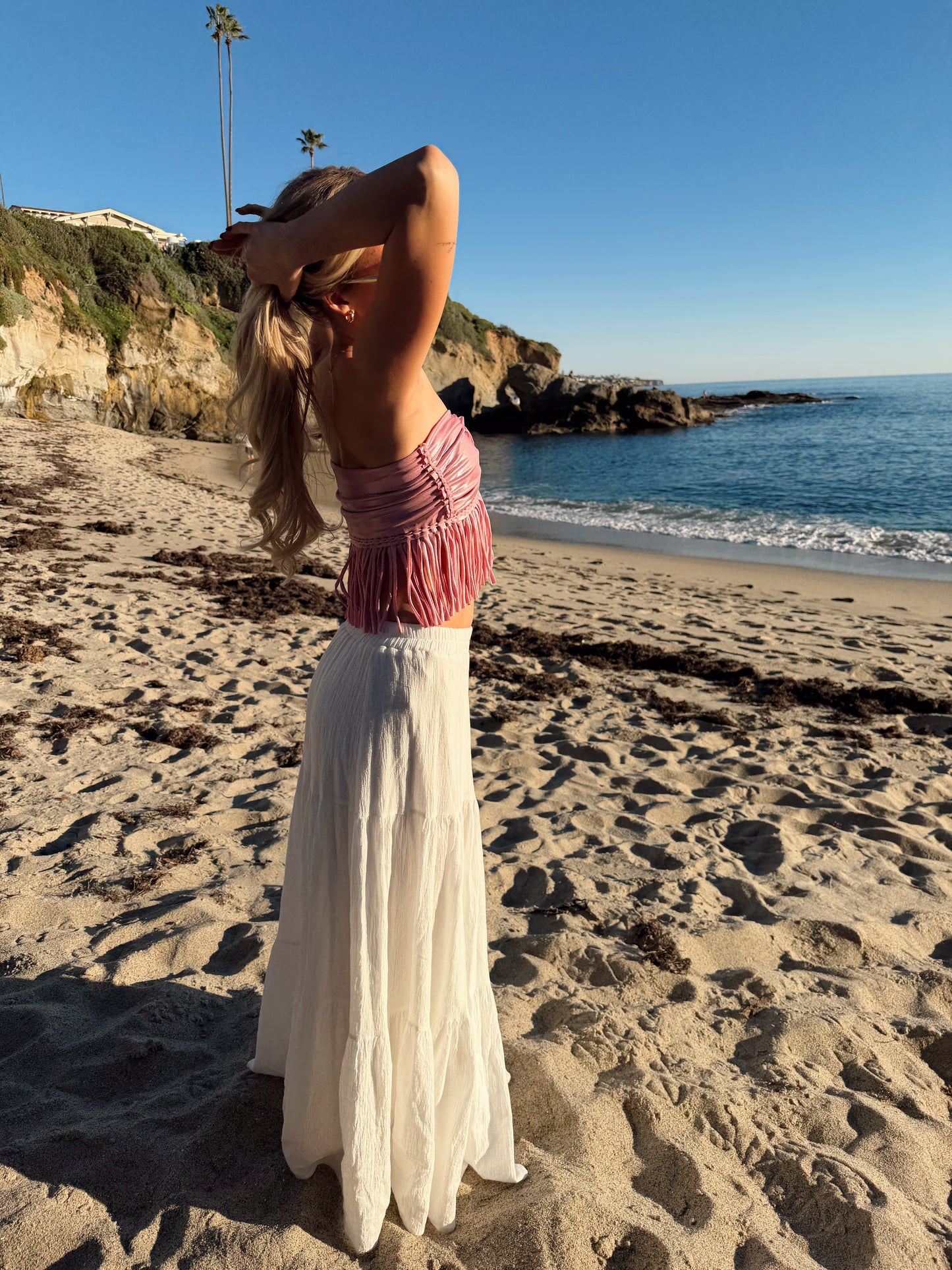 REVERSIBLE CROCHETED FRINGE ROSE TOP • metallic pink and copper