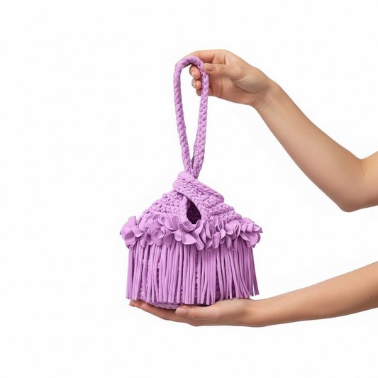 CROCHETED MINI FLOWER FRINGE KNOT WRISTLET • orchid