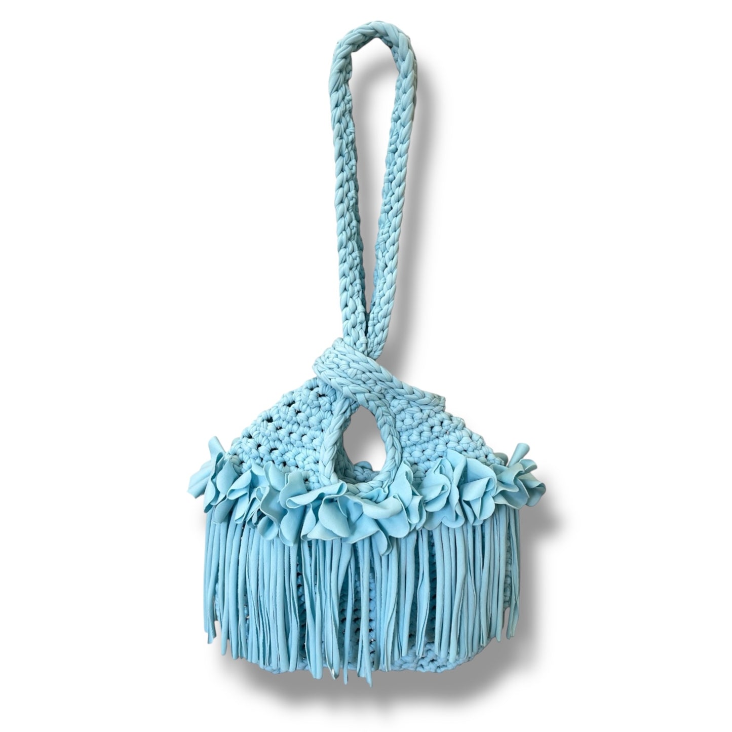 CROCHETED MINI FLOWER FRINGE KNOT WRISTLET • aqua