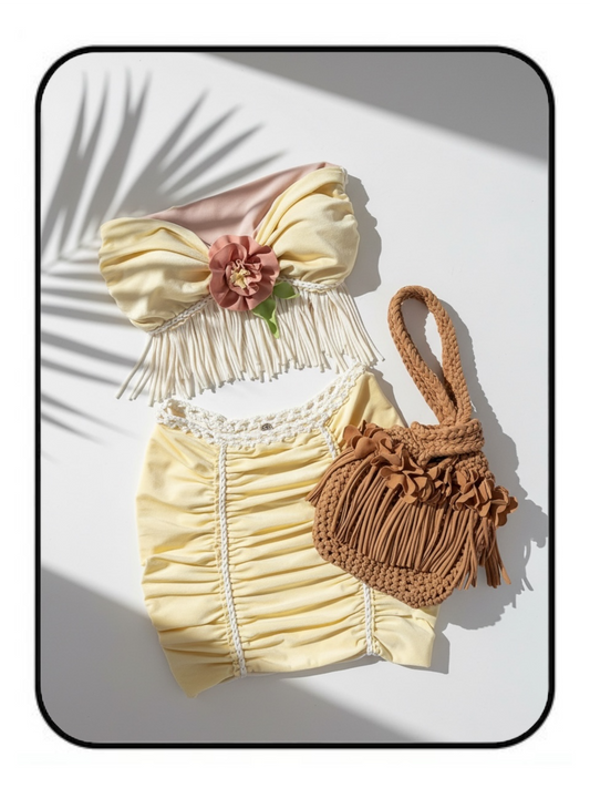 TWO PIECE SET fringe rose top and pencil mini skirt • cream and lemon