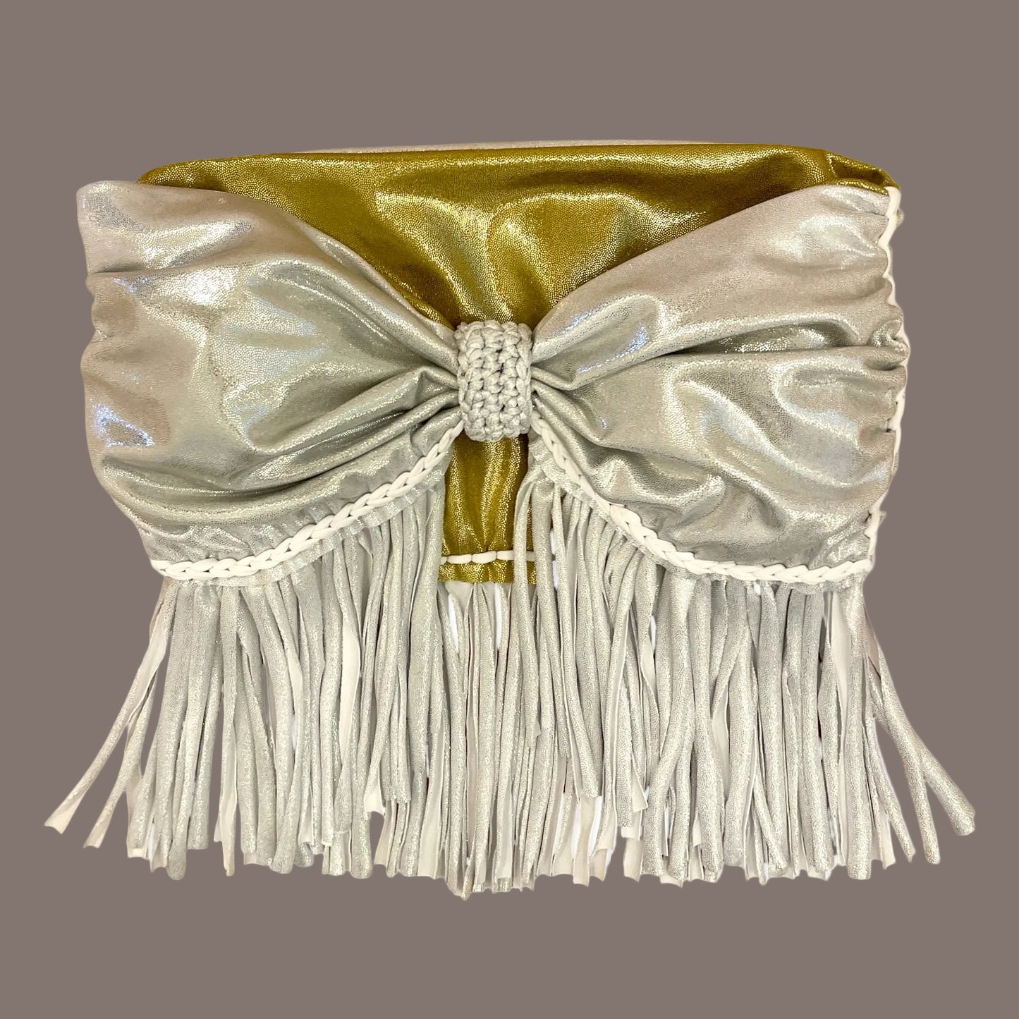 REVERSIBLE CROCHETED FRINGE BOW TOP • metallic silver and gold