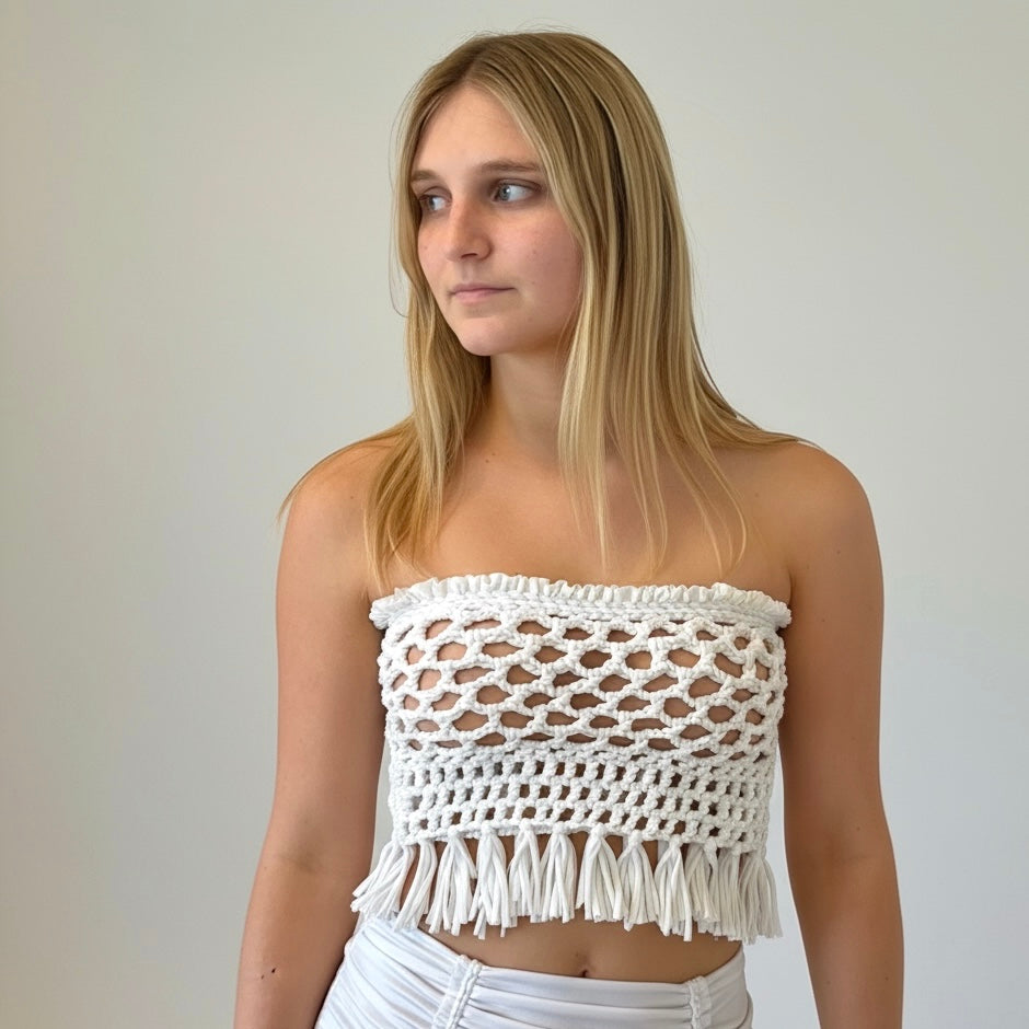 CROCHETED BANDEAU TASSEL TUBE TOP • pink