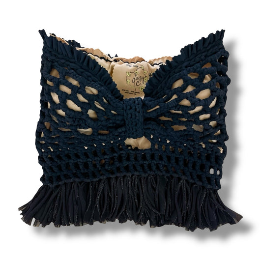 CROCHETED BANDEAU TASSEL BOW TUBE TOP • black