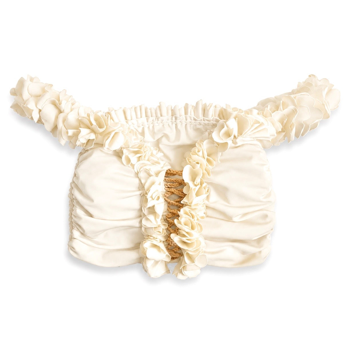 Handmade magnolia cream flower lei off-the-shoulder top with open lace up center detail.