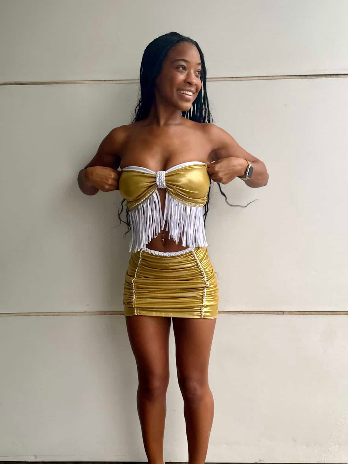 TWO PIECE SET fringe bow top and pencil mini skirt • metallic silver and gold