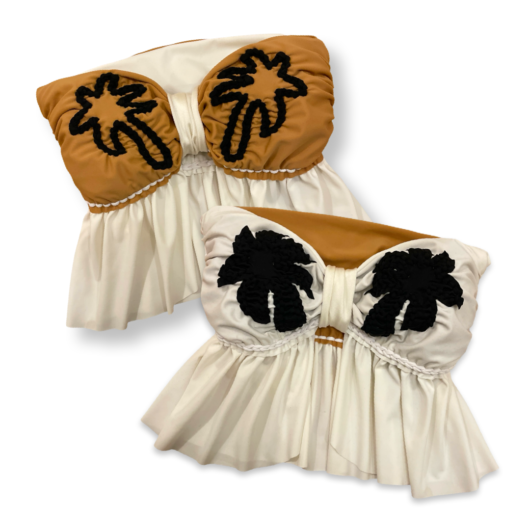 REVERSIBLE CROCHETED SPLIT RUFFLE COCO TOP • white and leather