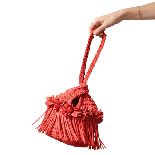 CROCHETED MINI FLOWER FRINGE KNOT WRISTLET • red