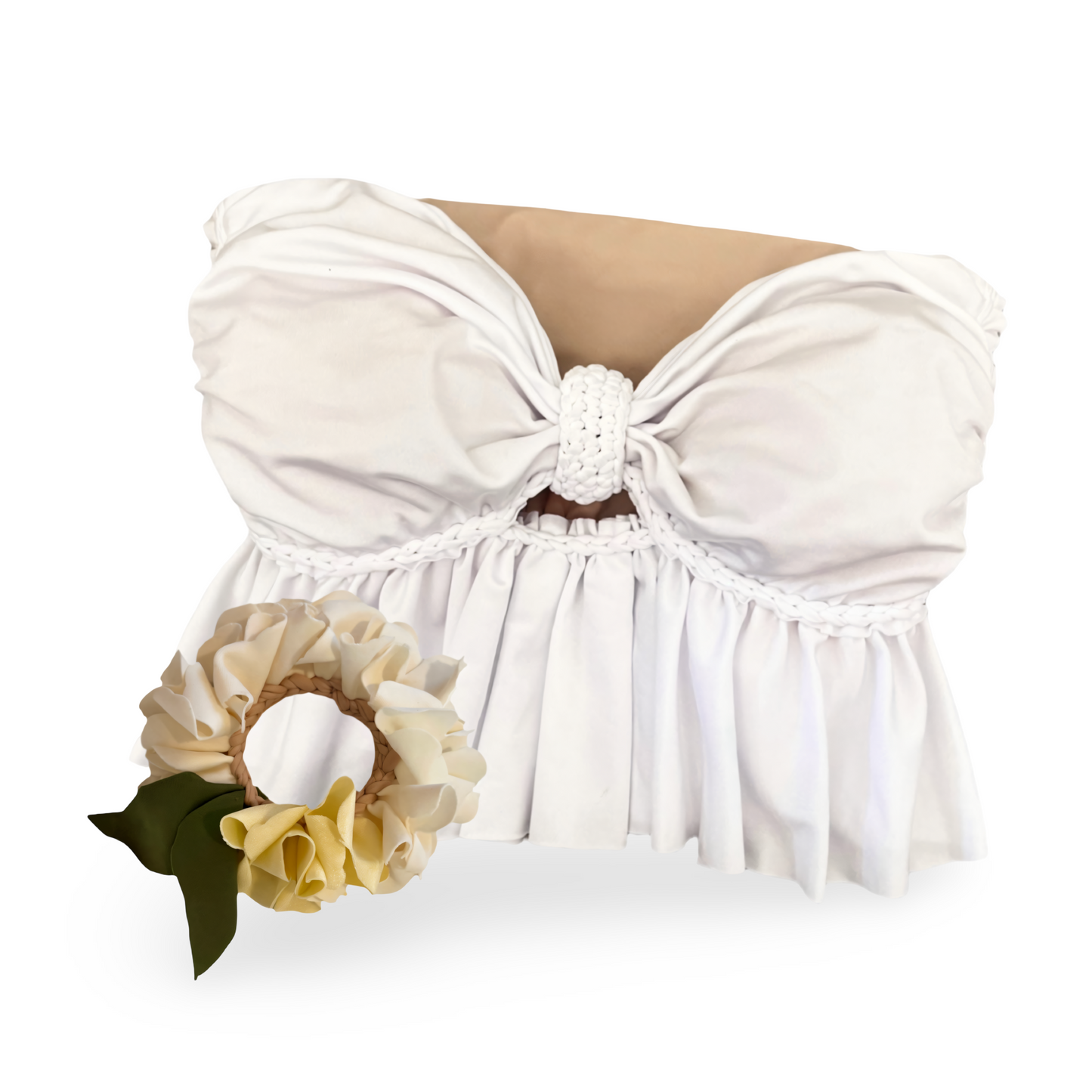 REVERSIBLE CROCHETED RUFFLE BOW TUBE TOP • white and clay