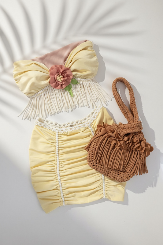 TWO PIECE SET fringe rose top and pencil mini skirt • cream and lemon