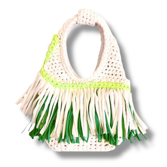 CROCHETED MINI FRINGE WRISTLET • cream and green