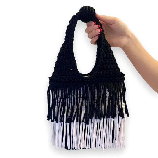 CROCHETED DOUBLE FRINGE TOTE • black and white