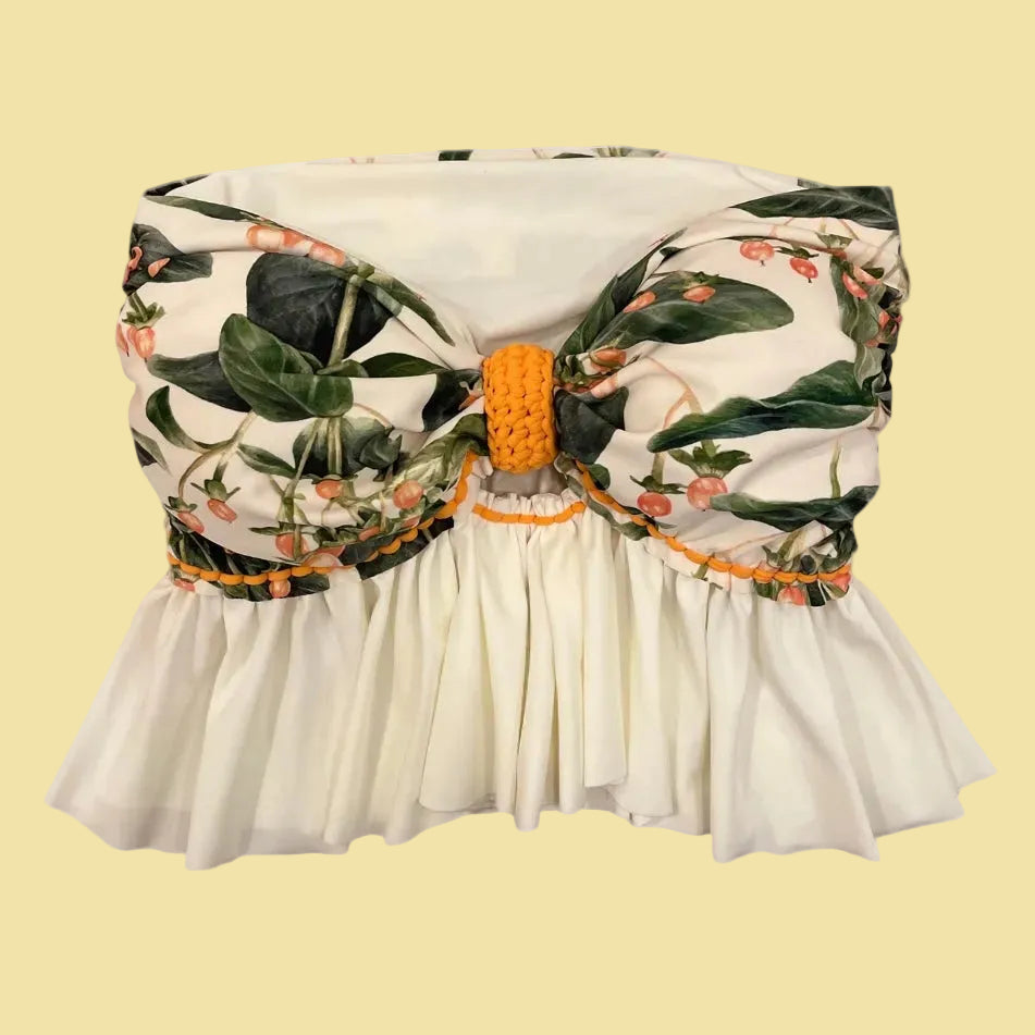 REVERSIBLE CROCHETED RUFFLE BOW TUBE TOP • botanical print