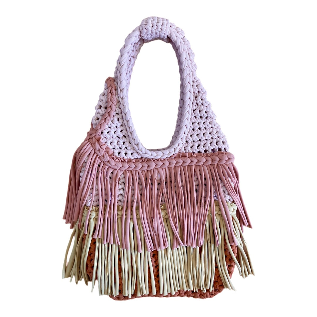 CROCHETED DOUBLE FRINGE RODEO TOTE • copper gold and blush