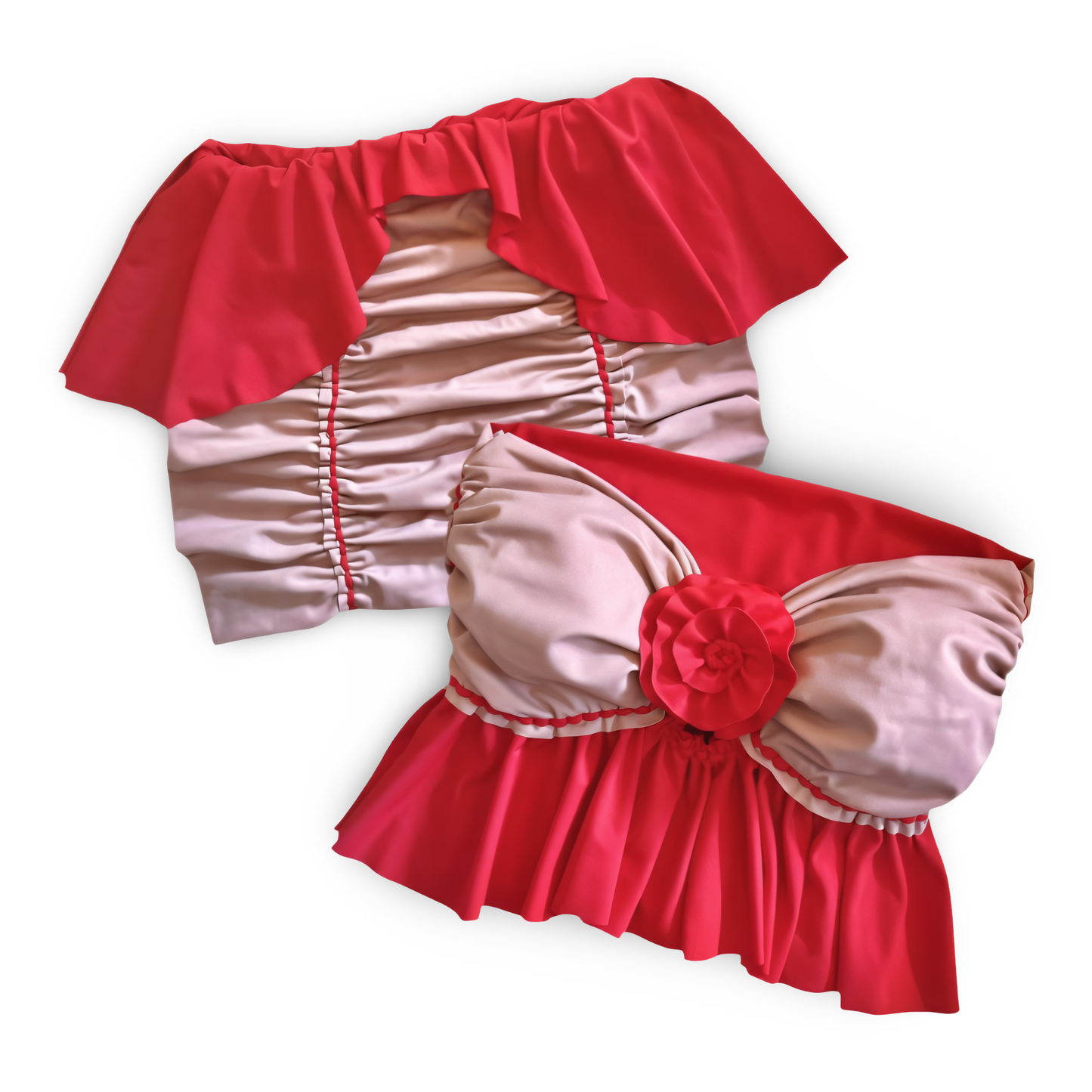 TWO PIECE SET ruffle rose top and peplum mini skirt • red and blush